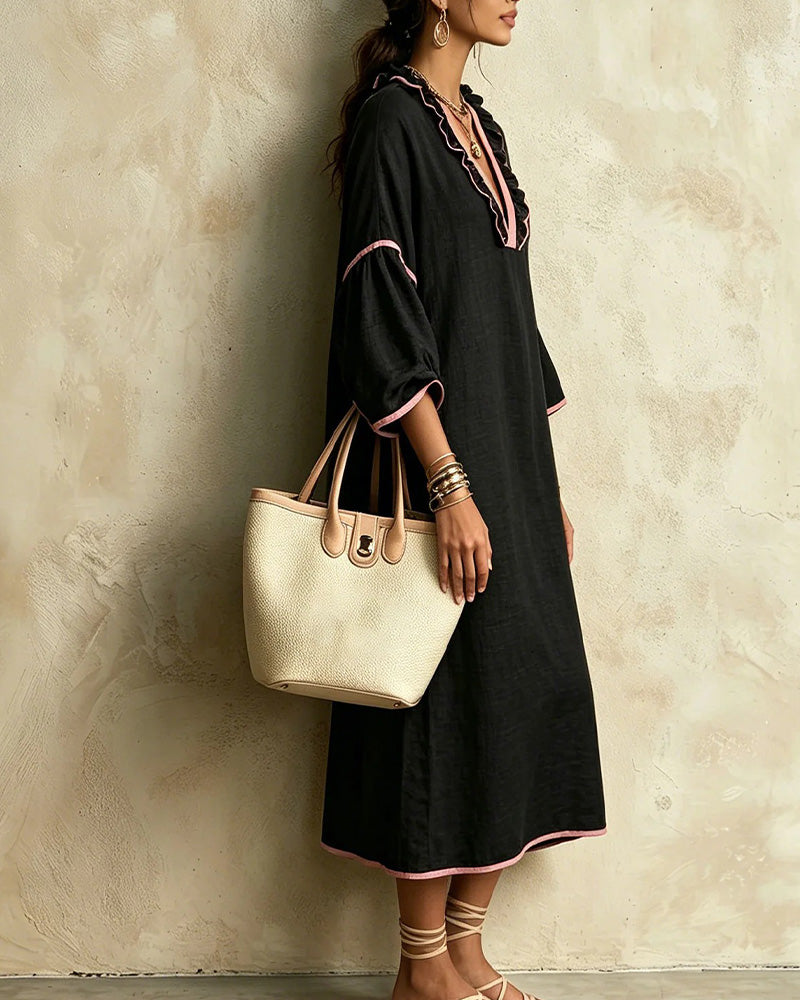 Robe Col V Volant Bloc De Couleur Irrégulière