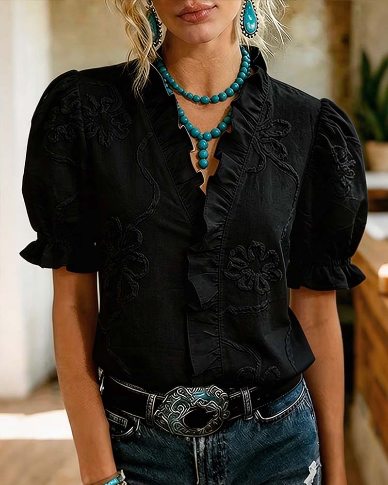 Blouse Col En V Bordure Volantée Manche Bouffante
