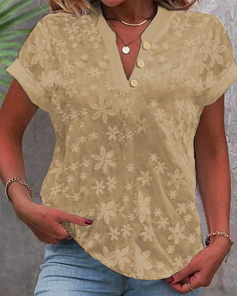 Blouse Simple Décontractée Unie Col En V Manches Courtes