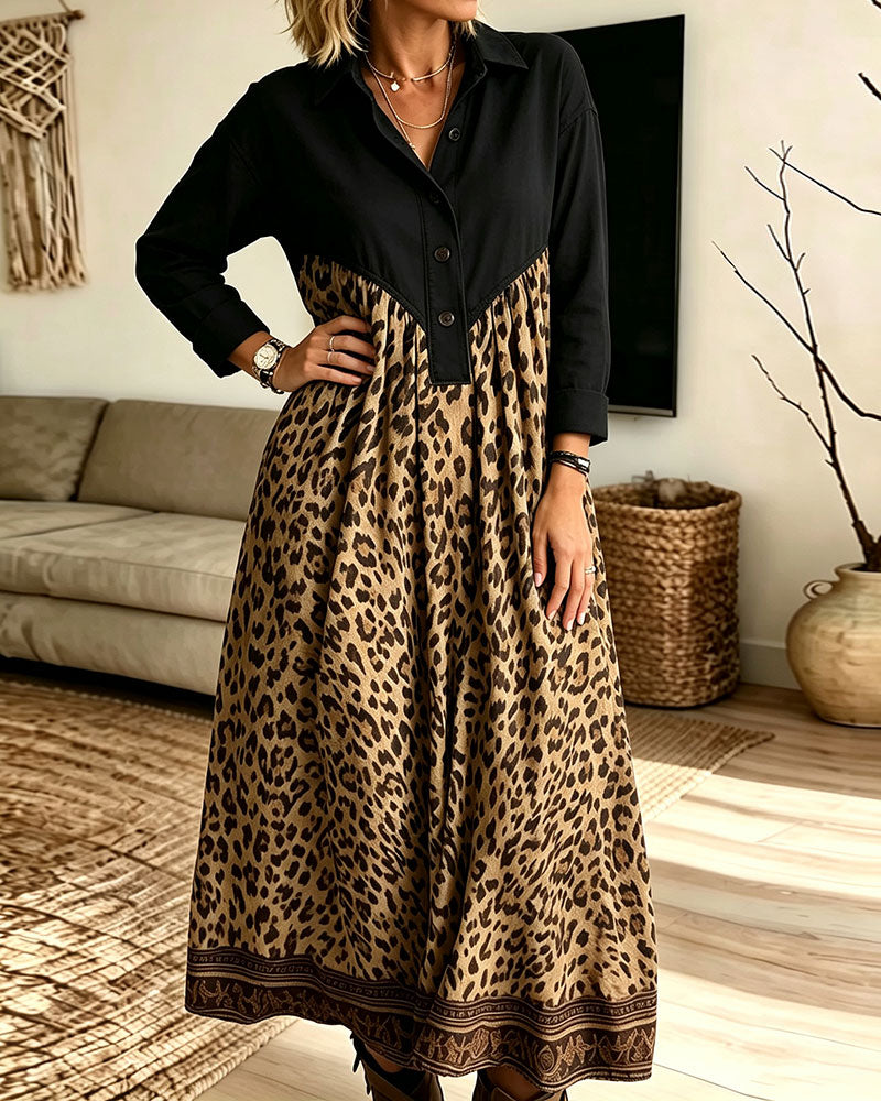 Robe Col Chemise Boutonnage Imprimé Léopard Poche