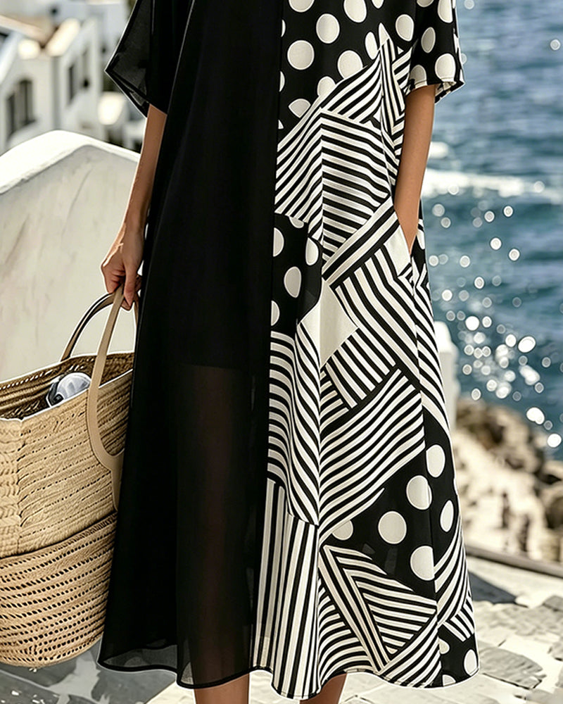 Robe Col V Polka Dot Rayure Patchwork