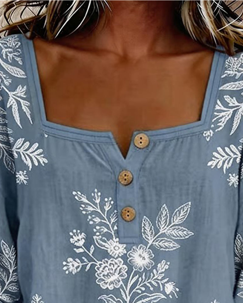 Blouse Col Carré Imprimé Lâche