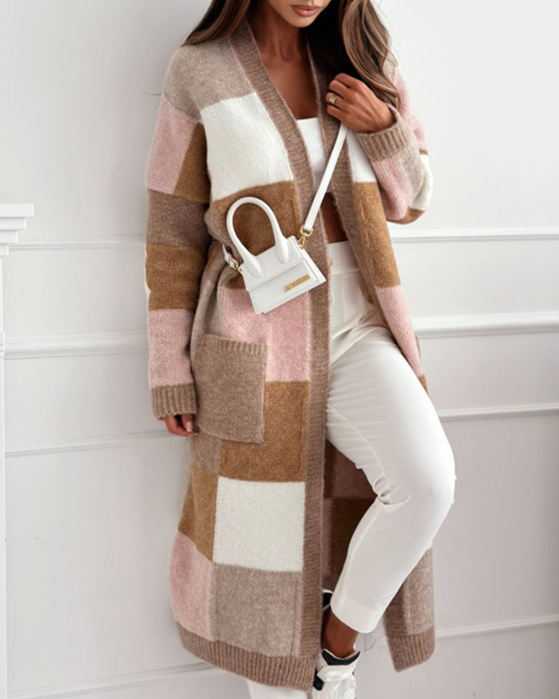 Cardigan ample décontracté à carreaux contrastés avec poche