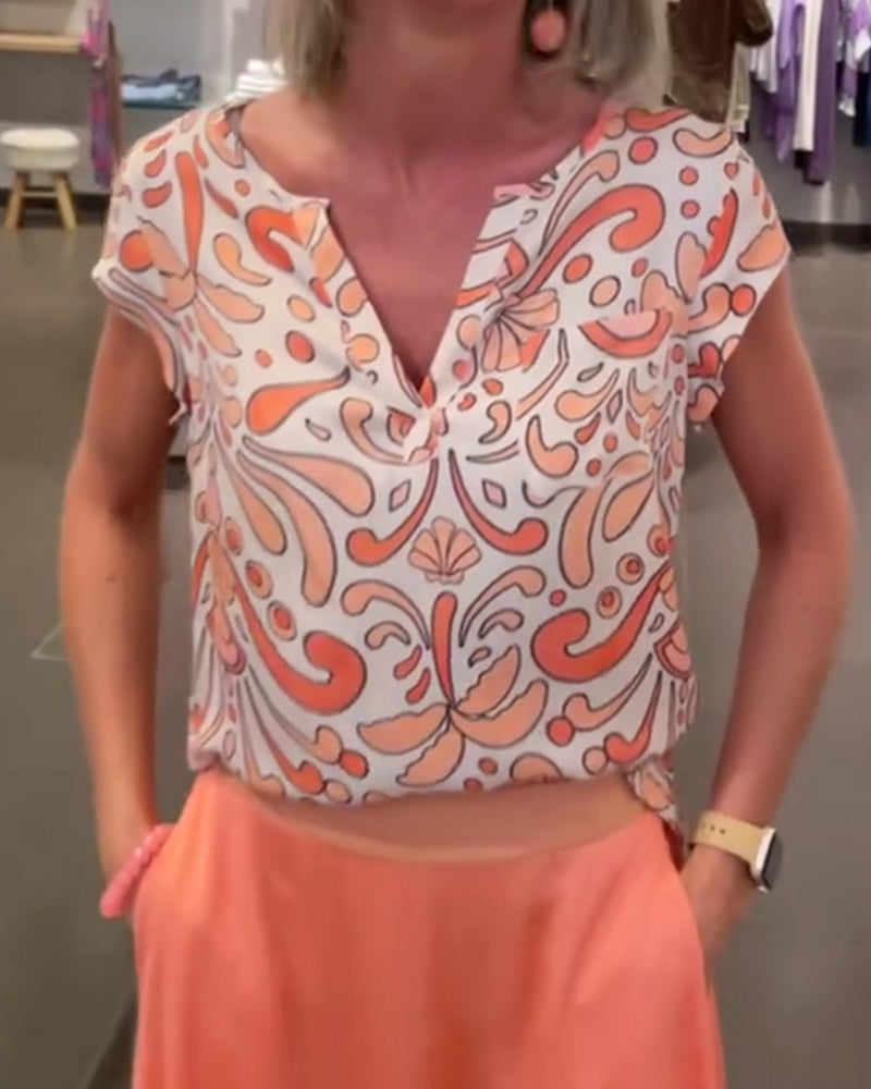 Blouse décontractée imprimée à col en V et manches raglan