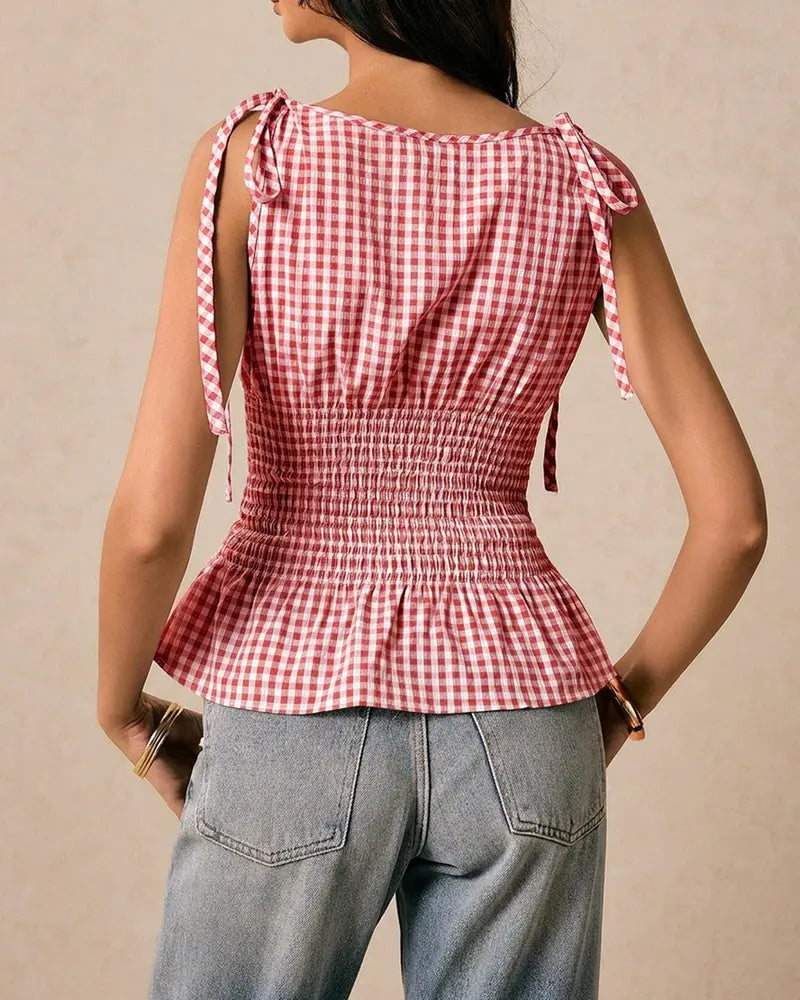 Blouse Sans Manches Écossais Attacher Taille