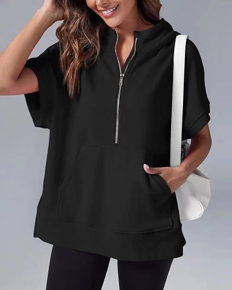 Sweat-Shirt Manches Courtes Fermeture Éclair Partielle Capuche