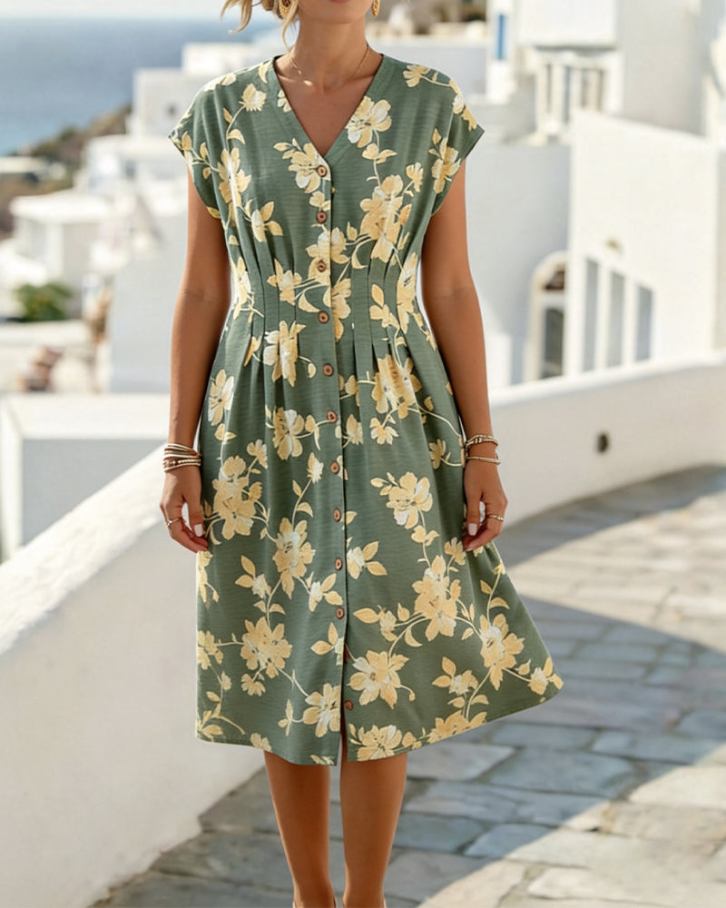 Robe Col En V Imprimé Taille Cintrée Boutonnage Devant