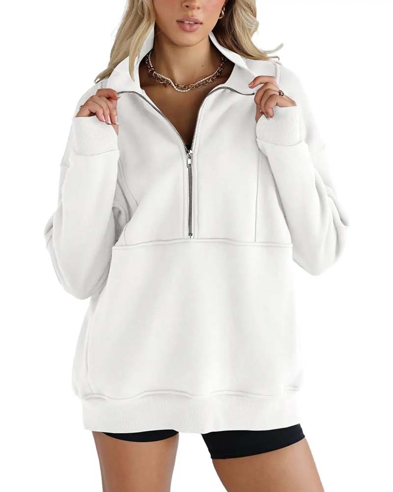 Sweatshirt Unie Col Revers Fermeture Éclair