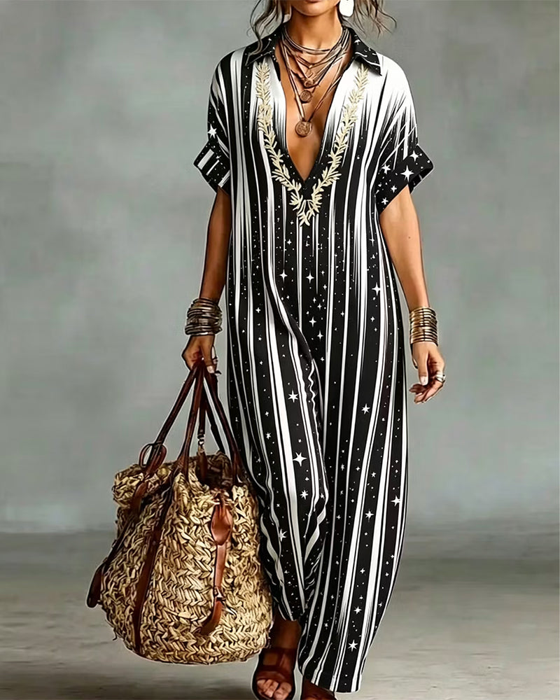 Jumpsuit Col V Rayure Contraste Lâche