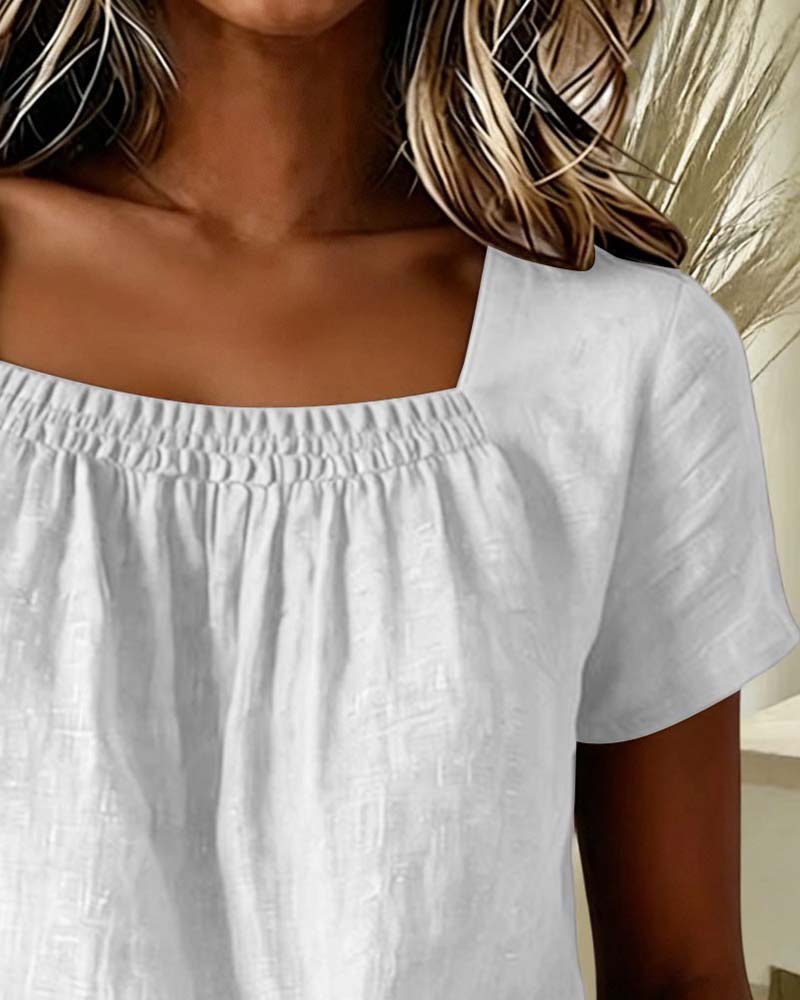 Blouse Col Carré Froncé Manche Courte