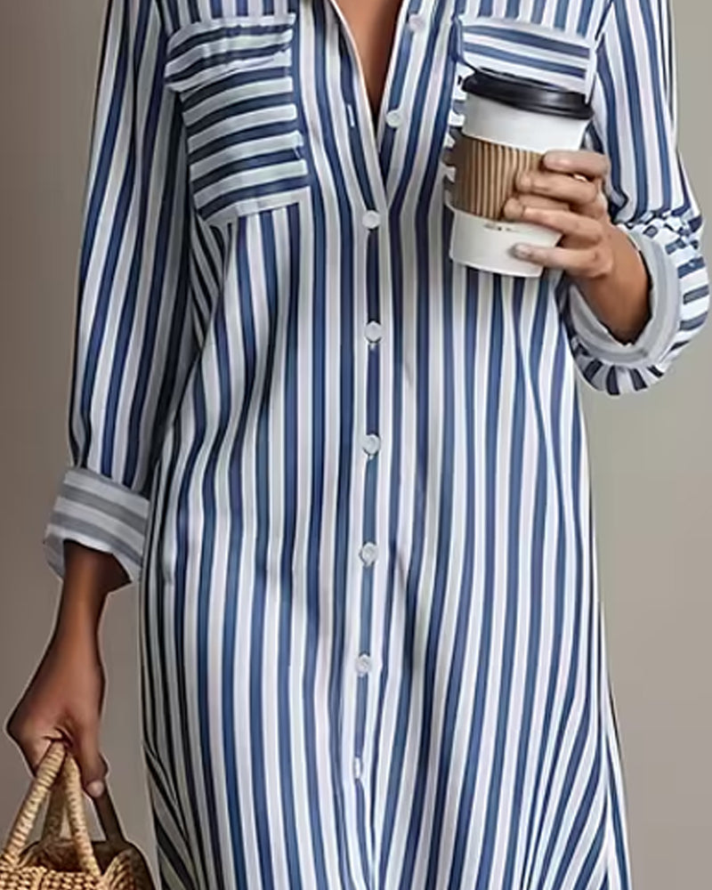 Robe Revers Rayure Verticale Chemise