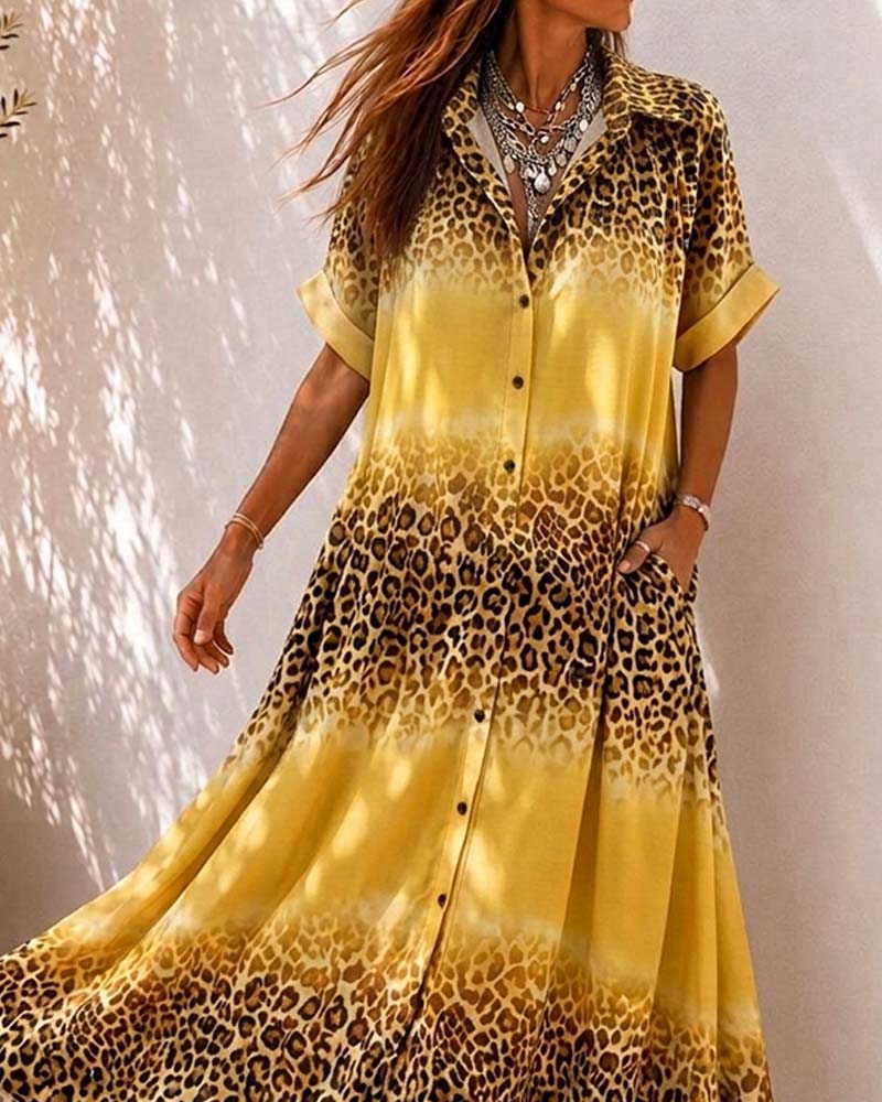 Robe Col Léopard Imprimé Gradient Chemise