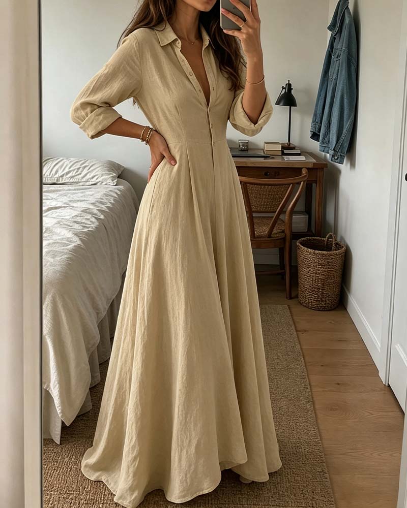 Robe Col De Chemise Jupe Ample Taille Cintrée