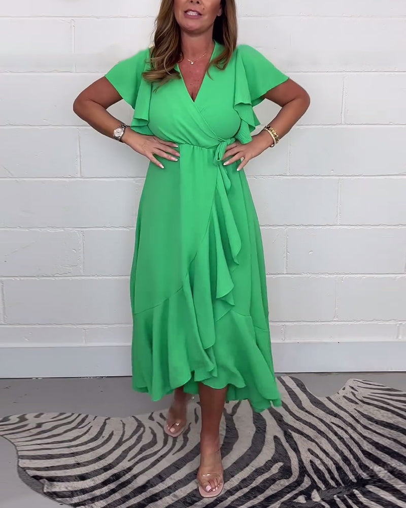 Robe élégante fendue de couleur unie à volants