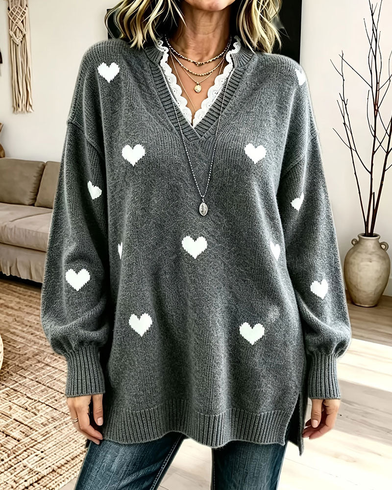 Pull Cœur Imprimé Col V