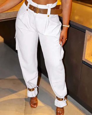 Pantalon cargo décontracté avec poche de couleur unie