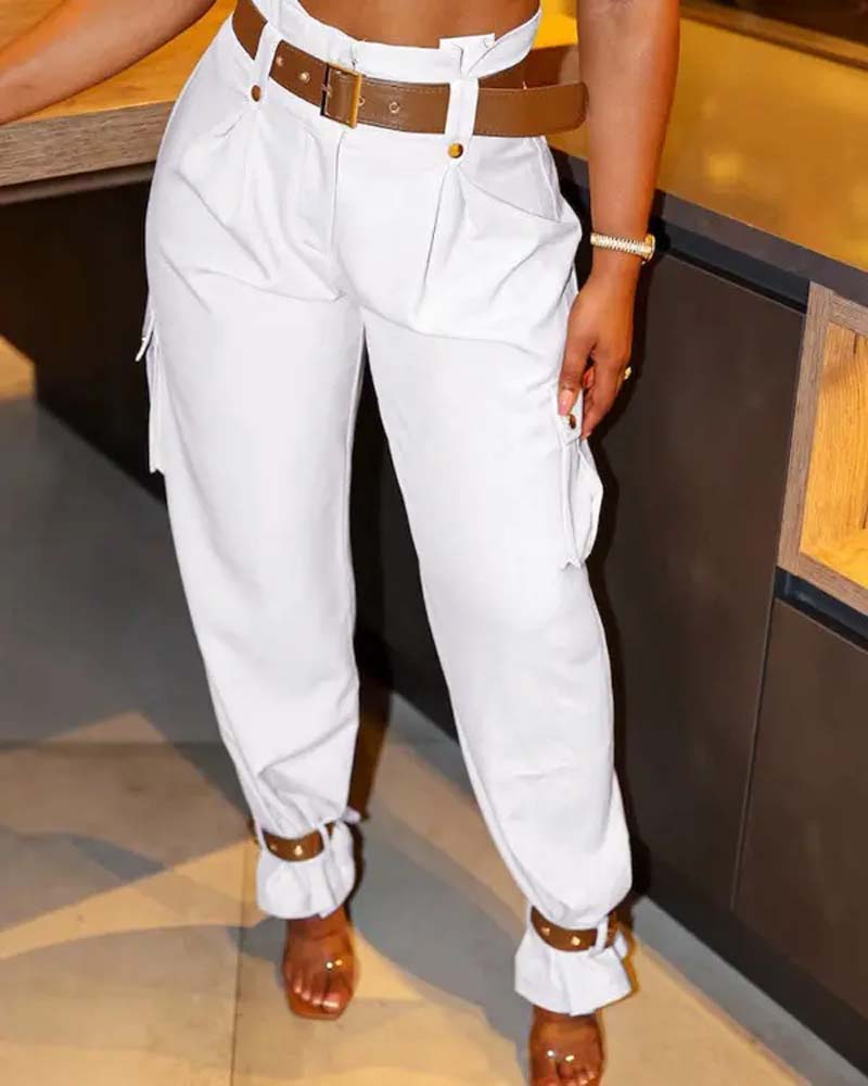 Pantalon cargo décontracté avec poche de couleur unie