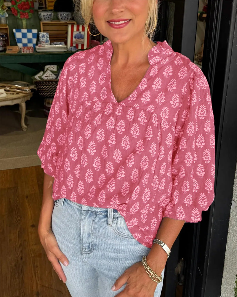 Blouse Manches Trois-Quarts Imprimée Décontractée
