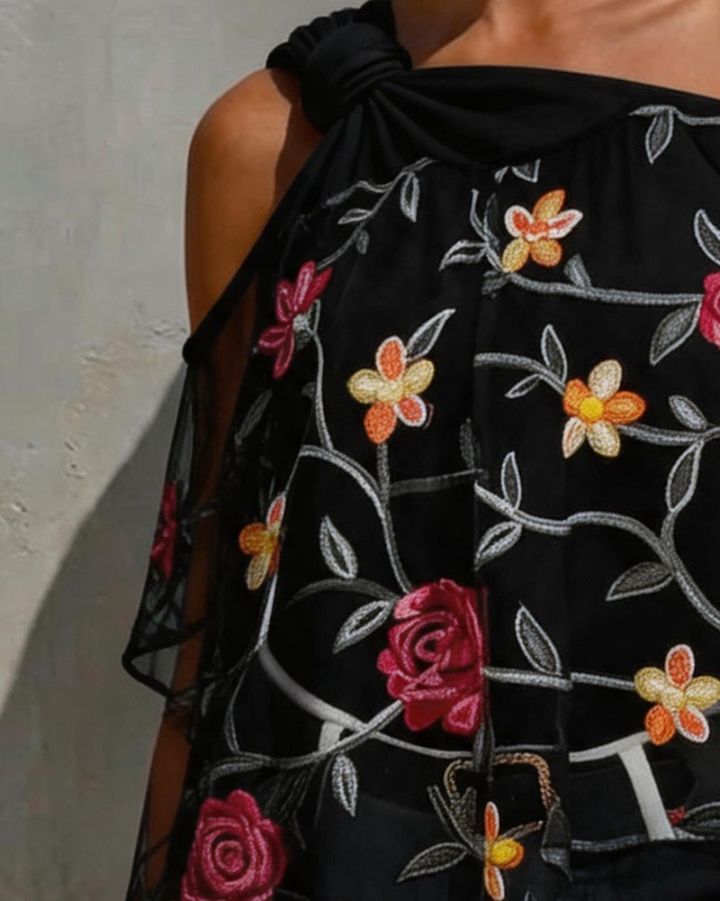 Blouse Mesh Rose Une Épaule Twist Nœud
