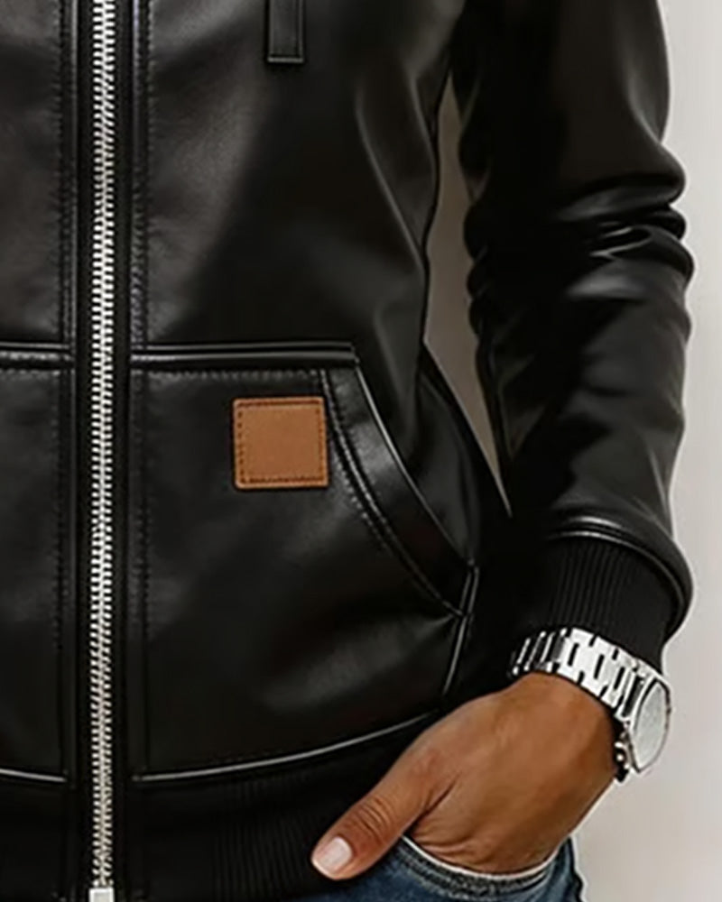 Manteau Capuche Similicuir Fermeture Éclair