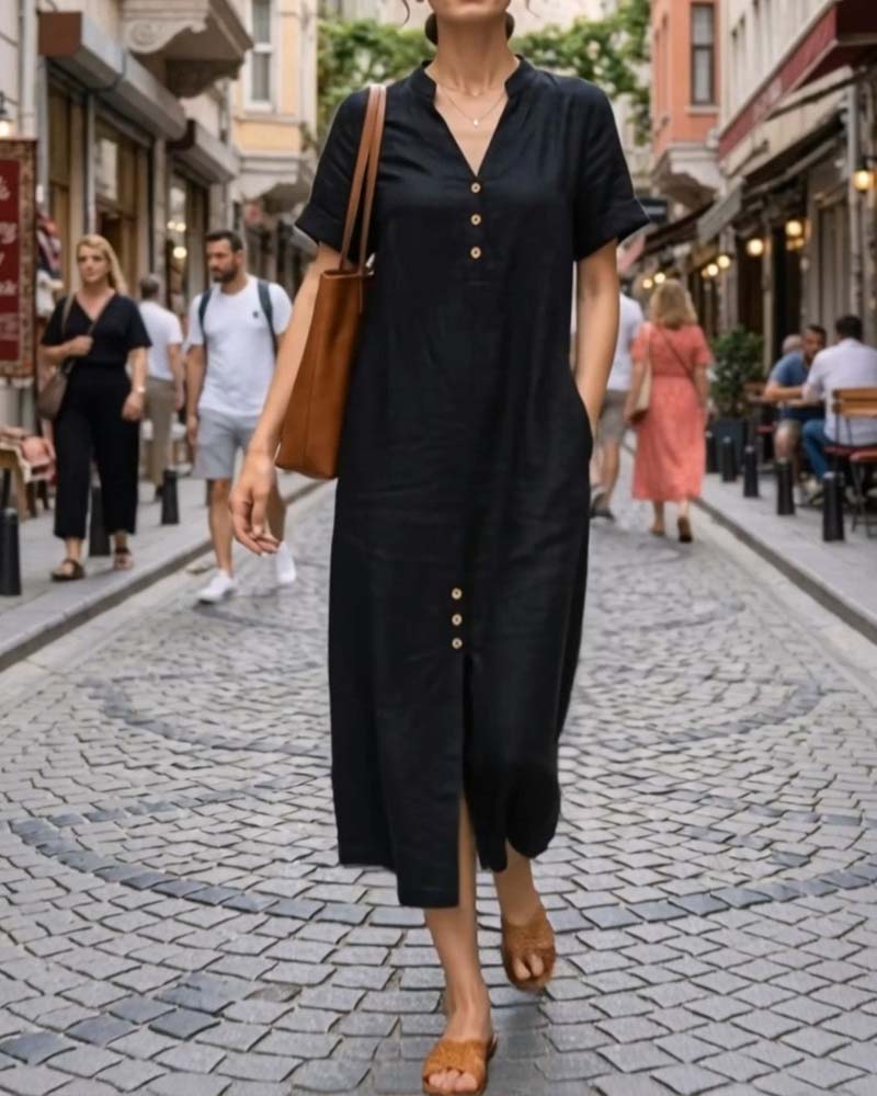 Robe Col V Manche Courte Bouton