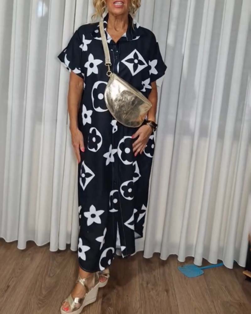 Robe décontractée avec boutons à revers et imprimé contrasté