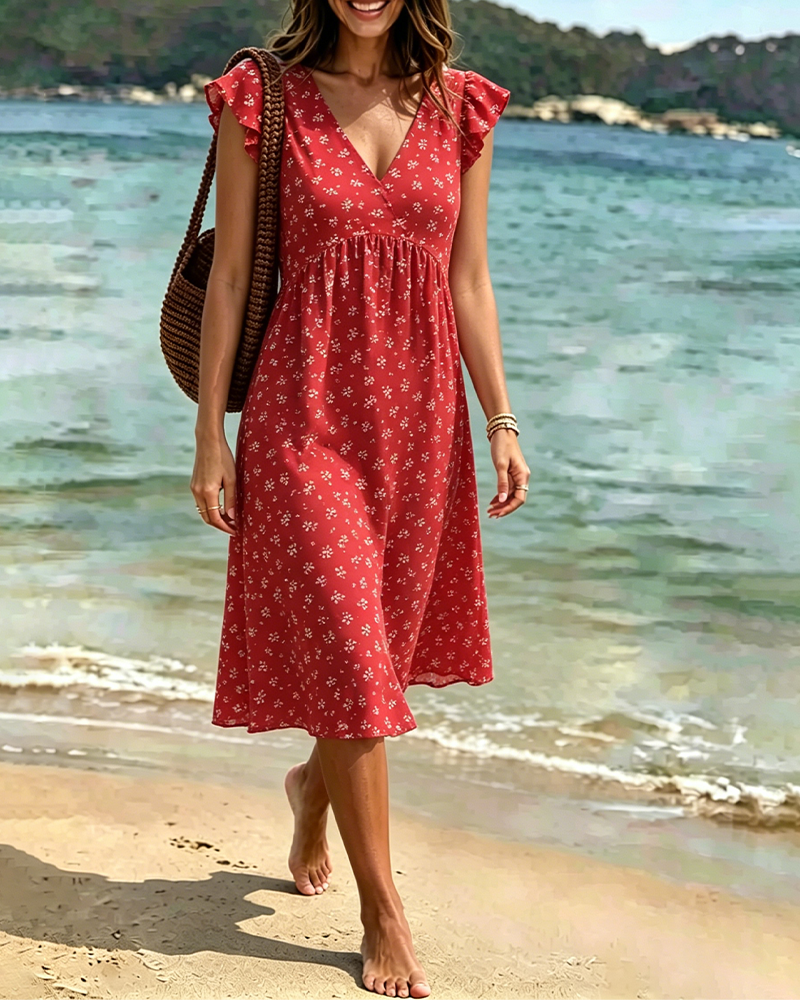 Robe Col V Fleuri Petites Manches Volantes