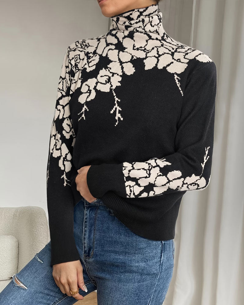 Pullover Col Haut Fleuri Jacquard