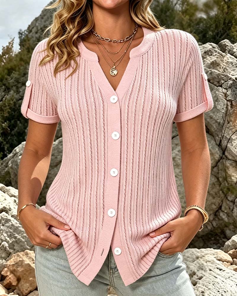 Blouse Mini Col V Bouton Unie
