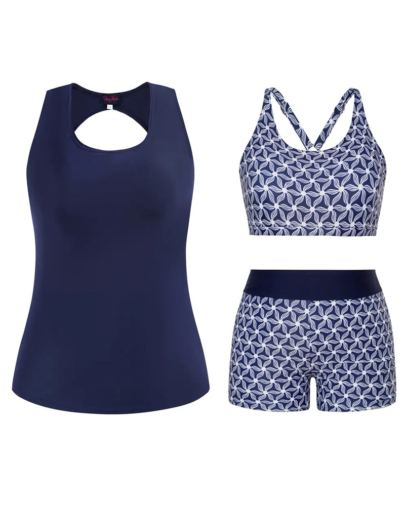 Tankinis Col Rond Sans Manches Imprimé Géométrique Boy Shorts