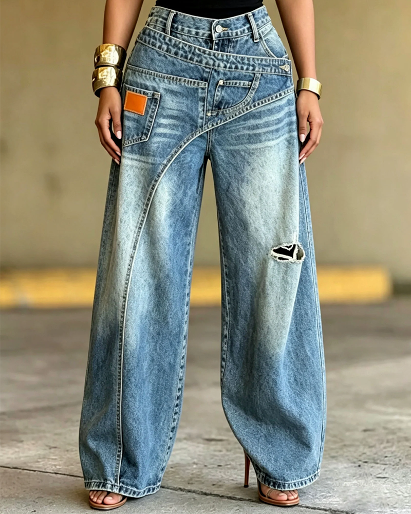 Pantalon Irrégulier Denim Déchiré Long