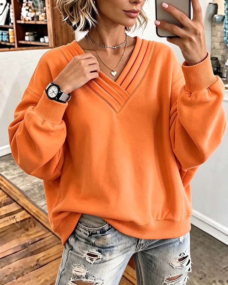 Sweatshirt Double Couche Col En V Épaule Tombante Lâche