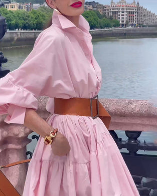 Robe jupe ample à revers de couleur unie