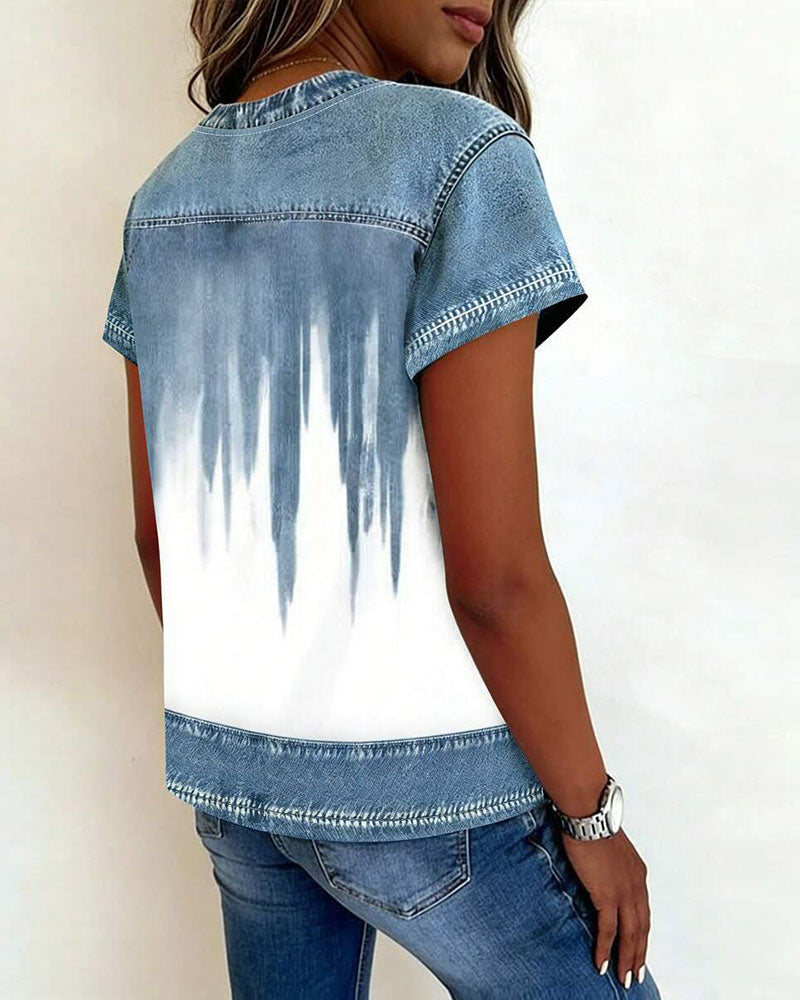 T-Shirt Denim Patchwork Tie-Dye Manche Courte