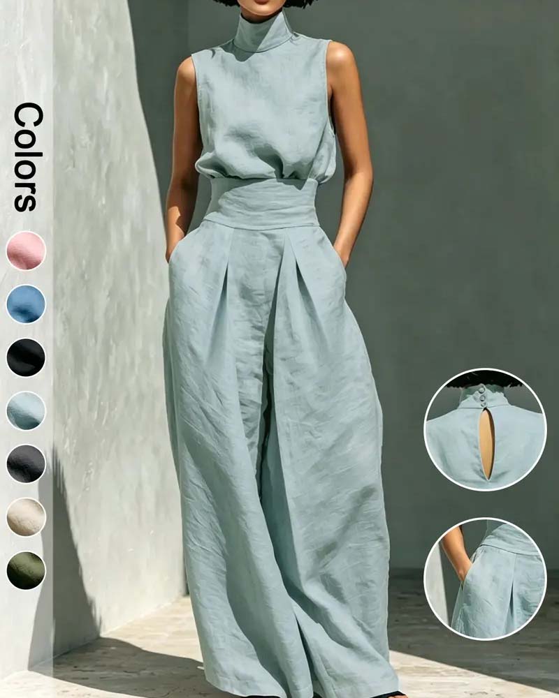 Combinaison Col Haut Sans Manches Large Jambe Taille