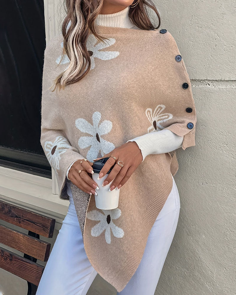 Pullover Imprimé Marguerite Bouton Latéral Châle Pull