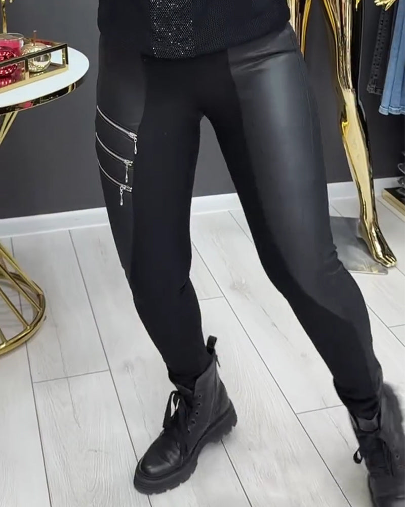 Legging PU Patchwork Fermeture Éclair Orné
