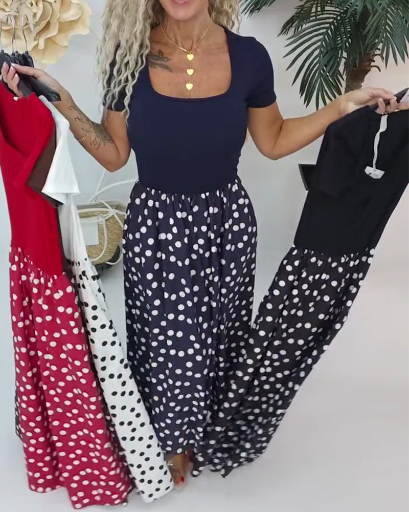 Robe Col Carré Polka Dot Patchwork
