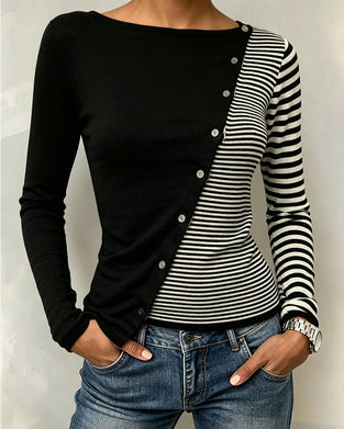 T-Shirt Contraste Rayé Bouton Patchwork