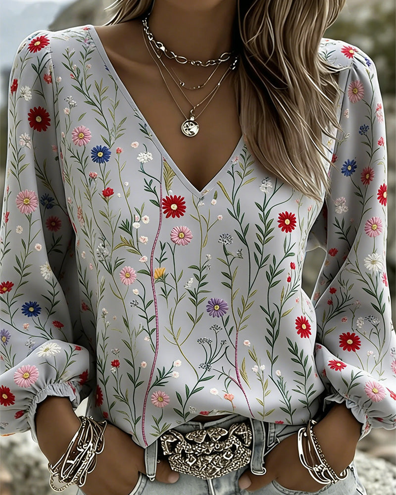 Blouse Imprimé Fleuri Manche Bouffante Col V