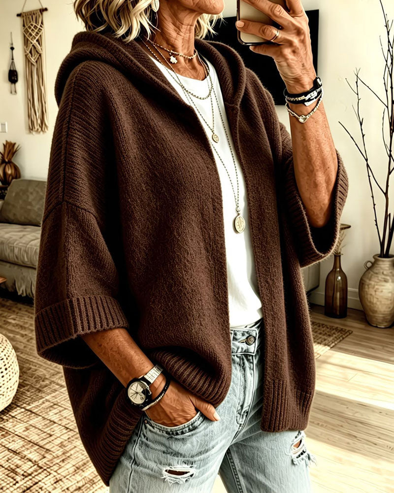 Cardigan 3/4 Manche Capuche Décontracté