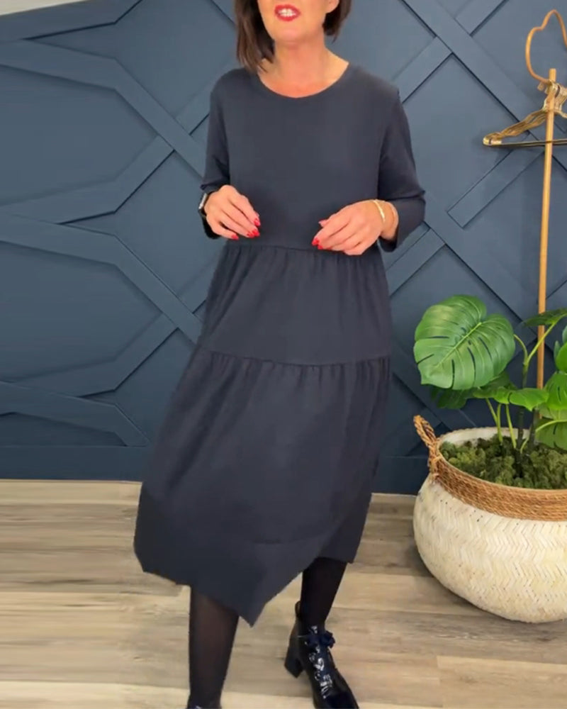Robe décontractée de couleur unie à col rond et patchwork