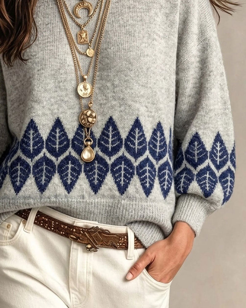 Pullover Col Rond Manche Lanterne Feuille