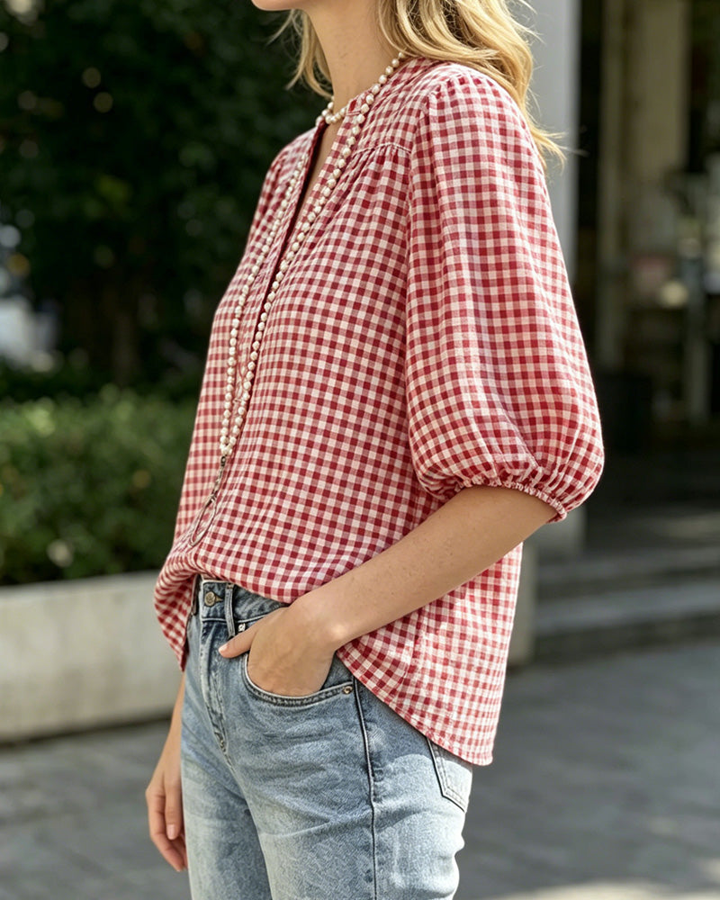 Blouse Imprimé Plaid Manche Bouffante Manches Courtes