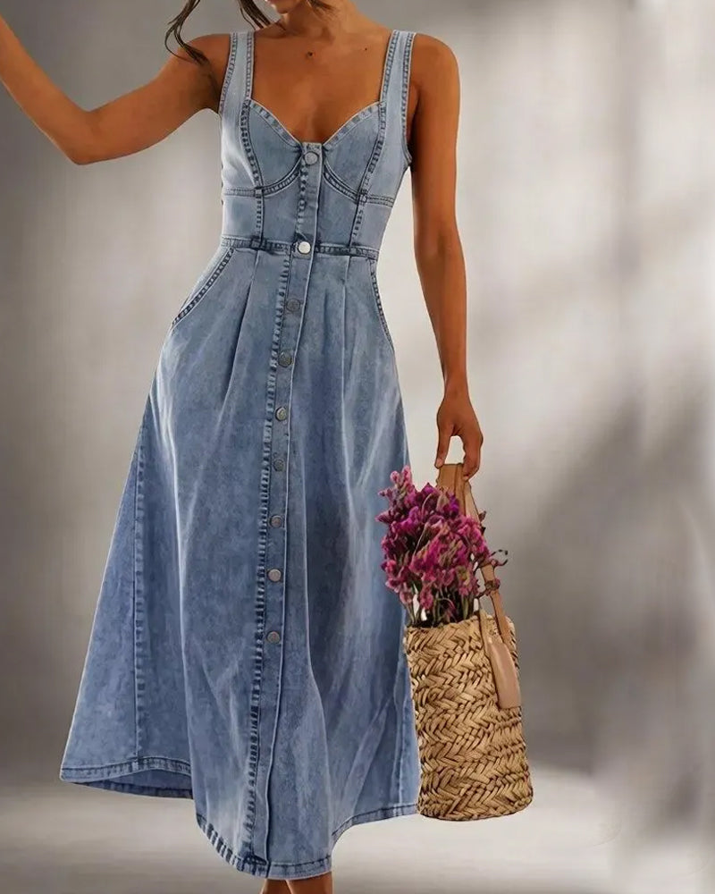 Robe Bretelle Spaghetti Bouton Taille Cintrée Denim