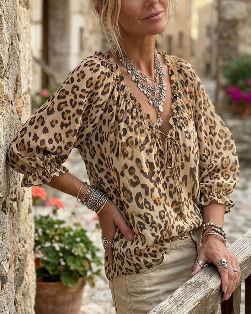 Chemisier Imprimé Léopard Col V Manches Bouffantes Lacets