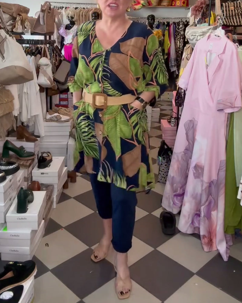 Robe Ample À Imprimé Feuillage Et Col En V