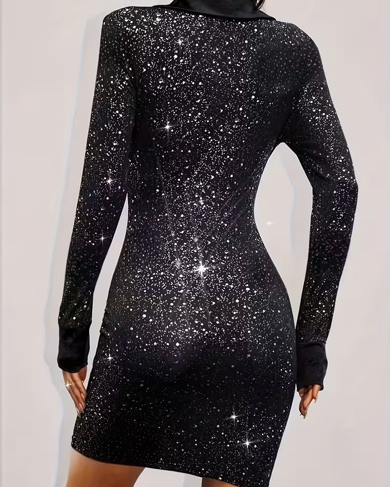 Robe Col Tailleur Paillettes Patchwork Fête