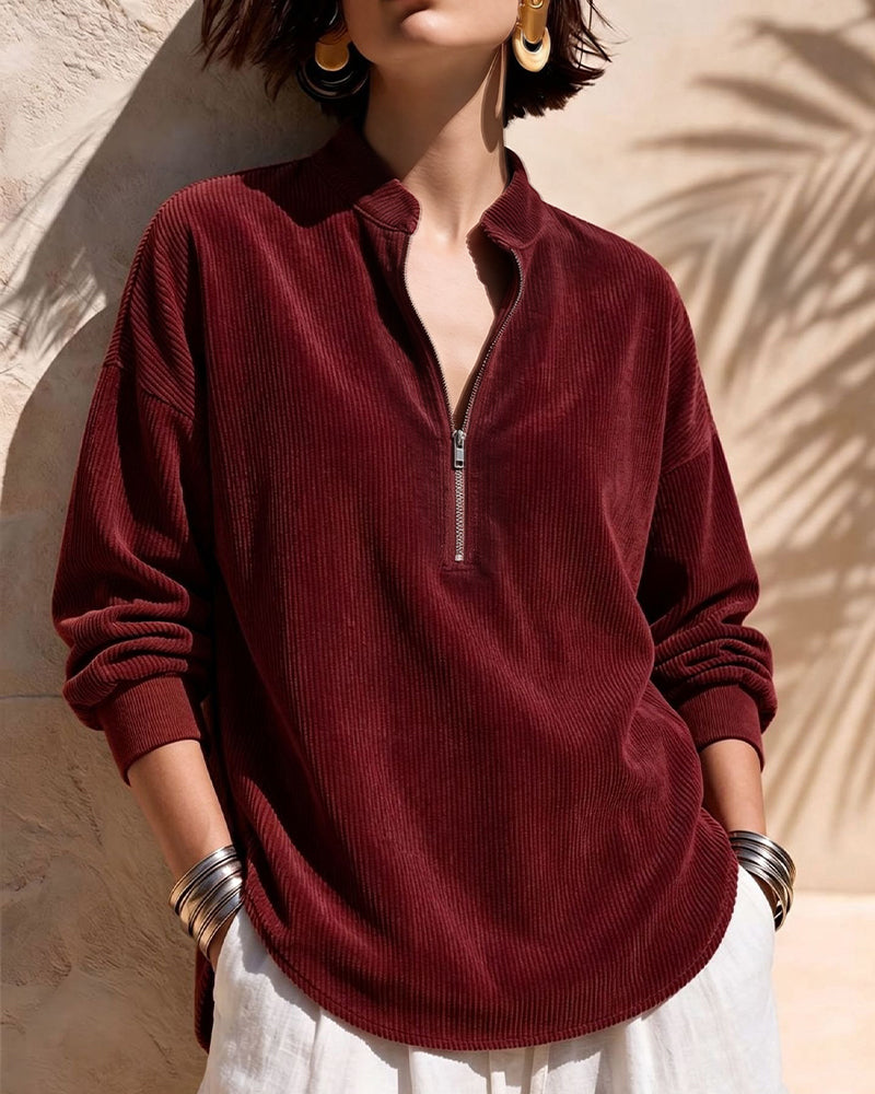 Blouse Zip Col Montant Velours Côtelé