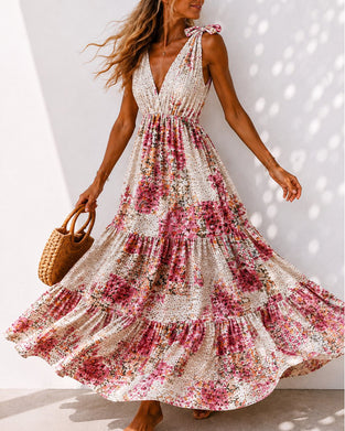 Robe Florale Attache Col V Superposée
